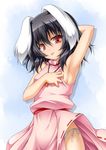  :p animal_ears arm_up armpits black_hair blush breasts bunny_ears dress inaba_tewi jewelry looking_at_viewer necklace panties pink_dress red_eyes roura short_hair side-tie_panties sideboob small_breasts smile solo tongue tongue_out touhou underwear white_panties 