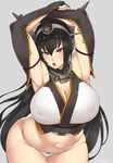  absurdres armpits arms_up artist_name belly black_hair bow bow_panties breasts cleavage covered_nipples curvy fingerless_gloves gloves grey_background highres huge_breasts kantai_collection long_hair looking_at_viewer nagato_(kantai_collection) navel open_mouth panties plump puffy_nipples red_eyes simple_background skindentation solo sweat thigh_gap underwear very_long_hair white_panties wide_hips zonda_(solid_air) 