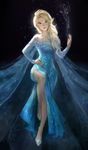  achyue bare_shoulders blonde_hair blue_eyes braid dress elsa_(frozen) eyeshadow frozen_(disney) hair_over_shoulder hand_on_hip highres ice lips long_hair looking_at_viewer makeup md5_mismatch revision side_slit single_braid solo wide_hips 