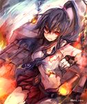  bad_id bad_pixiv_id breasts brown_hair cannon cis_(carcharias) fire hair_ornament kantai_collection large_breasts long_hair miniskirt ponytail red_eyes skirt solo torn_clothes yahagi_(kantai_collection) 