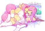  2014 abstract_background angel_(mlp) anthro anthrofied anus blue_eyes breasts butt cutie_mark english_text equine female feral fluttershy_(mlp) friendship_is_magic fur group hair half-closed_eyes horse lagomorph legwear lesbian long_hair looking_at_viewer lying mammal my_little_pony on_front on_top pegasus pink_hair pony presenting presenting_hindquarters pussy rabbit square_crossover stockings text tongue tongue_out white_fur wings yellow_fur 