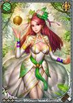  apple artist_request ball bare_legs border breasts card_(medium) cleavage cleavage_cutout dress earrings floating food forest fruit golden_apple hair_ornament hair_ribbon idunn_the_apple_goddess jewelry large_breasts leaf legs_together long_hair long_sleeves looking_at_viewer magic magnus_ignis nature outdoors plant red_eyes red_hair ribbon smile solo standing tree white_dress 