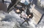  bad_id bad_pixiv_id black_hair boat brown_eyes brown_hair falling highres paradise pixiv_fantasia pixiv_fantasia_fallen_kings scarf solo swd3e2 sword thighhighs water watercraft weapon 