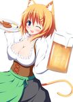  ;d alcohol animal_ears apron beer beer_mug blue_eyes breasts cat_ears cat_tail cleavage cup dirndl food german_clothes green_apron hair_ornament hairclip highres holding holding_cup large_breasts looking_at_viewer mizuki_(kogetsu-tei) mustard one_eye_closed open_mouth orange_hair original plate sausage short_hair smile solo tail underbust waist_apron 