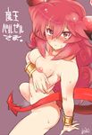  blush bracelet breasts demon_girl demon_tail embarrassed highres inverted_nipples jewelry kino_ayuri long_hair maou_beluzel medium_breasts navel nipples nude red_eyes red_hair solo sweat tail wavy_hair yuusha_to_maou 