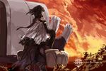  bad_id bad_pixiv_id black_hair brown_hair ground_vehicle highres paradise pixiv_fantasia pixiv_fantasia_fallen_kings riding saddle scarf solo sunset swd3e2 sword thighhighs wagon weapon 
