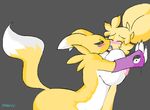  big_breasts black_nose black_sclera blue_eyes blush breasts digimon eyes_closed facial_markings female fur gloves markings nipples open_mouth renamon white_fur yameruthunderx yellow_fur 