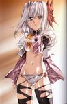  aiming_at_viewer evil_heart grey_eyes highres left-handed mirei_akira navel no_bra open_clothes panties pantyhose parted_lips scan scar short_hair solo tears torn_clothes torn_legwear underwear urushihara_satoshi white_hair 