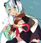  4_(nakajima4423) aqua_eyes aqua_hair electric_guitar guitar hatsune_miku instrument long_hair necktie smile solo twintails vocaloid 