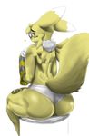  digimon eyewear facial_markings fur glasses gloves looking_back markings panties raised_tail renamon sitting tuft underwear white_fur xopachi 