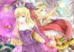  aqua_eyes archangel_(p&amp;d) back-to-back bad_id bad_pixiv_id bare_shoulders bird blonde_hair braid crown detached_sleeves dress hairband holding_hands horns konka lilith_(p&amp;d) long_hair looking_at_viewer mini_crown multiple_girls owl pointy_ears purple_dress purple_eyes puzzle_&amp;_dragons single_braid smile snake strapless strapless_dress wings 