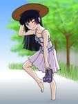  bad_id bad_pixiv_id barefoot black_hair blush dress gokou_ruri hat highres holding holding_shoes long_hair official_style one_eye_closed ore_no_imouto_ga_konna_ni_kawaii_wake_ga_nai purple_eyes sakaki_youma shoes shoes_removed solo standing standing_on_one_leg sun_hat wading water 