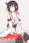  bare_shoulders black_hair cleavage_cutout detached_sleeves hair_ornament kantai_collection kiyonaka_rei knee_pads looking_at_viewer red_eyes short_hair sitting skirt solo yamashiro_(kantai_collection) 