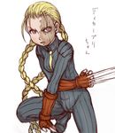  antenna_hair blonde_hair bodysuit braid breasts claw_(weapon) decapre e10 fingerless_gloves gloves long_hair necktie no_mask orange_eyes scar shoulder_pads small_breasts solo street_fighter translated twin_braids weapon 