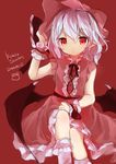  bat_wings bobby_socks character_name dated hat highres kedama_milk pointy_ears red_eyes remilia_scarlet short_hair silver_hair simple_background sketch socks solo touhou wings wrist_cuffs 
