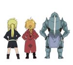  1girl alphonse_elric armor back bad_id bad_pixiv_id blonde_hair braid earrings edward_elric flamel_symbol from_behind full_armor fullmetal_alchemist hands_on_hips highres jewelry long_hair ponytail shiro_coffee_(saiga) winry_rockbell 