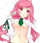  beatmania beatmania_iidx bemani blush breasts cosplay groin kuro_(be_ok) long_hair looking_at_viewer medium_breasts navel open_mouth pink_eyes pink_hair rasis rche_(beatmania) rche_(beatmania)_(cosplay) solo sound_voltex star underboob 