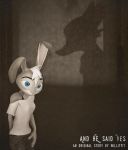  3d_(artwork) blue_eyes canid canine clothing digital_media_(artwork) disney duo fox hair jeans june_vault lagomorph mammal off_shoulder pants rabbit shadow shirt silhouette solo_focus source_filmmaker t-shirt white_hair willitfit zootopia 