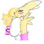  black_nose black_sclera blue_eyes breasts chest_tuft clothed clothing digimon facial_markings female fur gloves male markings nipples renamon tuft white_fur yameruthunderx 