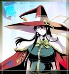  black_hair breasts cape green_eyes hat_over_one_eye kagari_ayaka large_breasts long_hair looking_at_viewer solo witch_craft_works yunioshi 