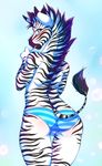  anthro back_turned biting_finger blush bulge butt camel_toe clothed clothing equine female fur hair inuki looking_at_viewer looking_back mammal multi-colored_hair presenting presenting_hindquarters raised_arm seductive short_hair skimpy solo standing teeth underwear zebra 