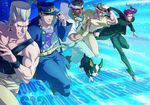  black_hair dog grey_hair hat iggy_(jojo) jean_pierre_polnareff jojo_no_kimyou_na_bouken joseph_joestar kakyouin_noriaki kotatsu_(g-rough) kuujou_joutarou mohammed_avdol multiple_boys pink_hair 