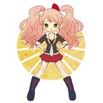 ayu_(mog) bad_id bad_pixiv_id blue_eyes boots bow breasts cleavage danganronpa danganronpa_1 enoshima_junko freckles hair_ornament hand_on_hip ikusaba_mukuro long_hair medium_breasts necktie open_mouth pink_hair school_uniform skirt sleeves_rolled_up smile solo twintails 