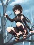  akemiho_tabi_nikki black_eyes black_hair blush elbow_gloves feet fingerless_gloves fujibayashi_sora gloves japanese_clothes kouno_hikaru long_hair looking_at_viewer ninja panties ponytail sandals scarf sidelocks solo tree underwear white_panties 