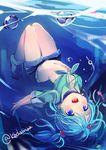  :d alternate_costume blue_eyes blue_hair bubble hair_bobbles hair_ornament jewelry kawashiro_nitori kedama_milk key lying navel necklace no_hat no_headwear on_back open_mouth shirt short_hair shorts smile solo tied_shirt touhou two_side_up water 