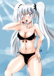  1girl bikini breasts cherry cleavage d-frag! food fruit long_hair purple_eyes sakai_tama saliva silver_hair solo swimsuit twintails very_long_hair 