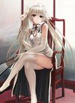  ???_(artist) bare_shoulders black_footwear breasts brown_eyes chair china_dress chinese_clothes cleavage_cutout crossed_legs dress elbow_gloves fan gloves hair_ribbon hand_in_hair indoors kasugano_sora long_hair long_legs panties ribbon shoes silver_hair sitting small_breasts solo thighhighs twintails underwear white_legwear yosuga_no_sora 