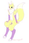  blue_eyes chest_tuft digimon facial_markings fur gloves legwear looking_at_viewer markings renamon sitting stockings theburningstars tuft white_fur 