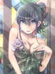  alternate_hairstyle bare_shoulders breasts cleavage collarbone flower green_eyes green_hair hair_ornament hairclip kantai_collection large_breasts open_mouth pasteljam rose short_hair sleeveless solo suzuya_(kantai_collection) white_flower white_rose 