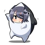  animal_costume bangs blush chibi commentary eyepatch fighting_stance headgear kantai_collection pose purple_hair shadow shark short_hair simple_background solo tenryuu_(kantai_collection) triangle_mouth twumi white_background 