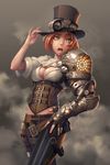  breasts buckle cleavage corset cowboy_shot hat hat_tip holster ikegami_noroshi mechanical_arm medium_breasts original pants red_hair short_hair solo steampunk top_hat 