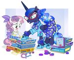 alpha_channel blue_eyes blue_hair board_game bow bracelet braces cards clothing coins dice duo english_text equine eyewear female friendship_is_magic glasses green_eyes hair hairband horse horseshoe jewelry mammal my_little_pony pink_hair pixelkitties pony princess_luna_(mlp) purple_hair scarf skirt sparkles star sweetie_belle_(mlp) text two_tone_hair 