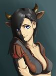  animal_ears bad_id bad_pixiv_id black_hair blue_eyes cow_ears cow_horns faux_traditional_media helmet_(touhu812) horns looking_at_viewer smile solo the_elder_scrolls the_elder_scrolls_v:_skyrim 