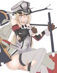  anchor armband bad_id bad_pixiv_id bare_shoulders bismarck_(kantai_collection) blonde_hair blue_eyes blush boots cannon grey_footwear grey_legwear hat highres kantai_collection long_hair military military_hat military_uniform nametake_(nekoyasya12172) solo thighhighs torn_clothes turret uniform very_long_hair weapon 