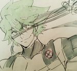  green_hair kill_la_kill male_focus nakamori_koutarou nudist_beach_uniform sanageyama_uzu smile solo spoilers traditional_media 