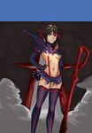  bad_id bad_pixiv_id black_hair blue_eyes boots breasts hands_on_hips highres hirundo_rustica kill_la_kill matoi_ryuuko midriff multicolored_hair navel planted_weapon red_hair revealing_clothes scissor_blade senketsu short_hair small_breasts solo suspenders thigh_boots thighhighs two-tone_hair underboob weapon 