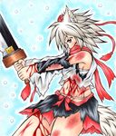  absurdres animal_ears bare_shoulders blood blush breasts detached_sleeves hat highres injury inte_(whitewolftail) inubashiri_momiji legs medium_breasts midriff navel red_eyes sarashi scarf short_hair silver_hair skirt solo sword tail tokin_hat torn_clothes touhou weapon wolf_ears wolf_tail 