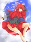  bare_legs blue_sky blush bow cape cloud cloudy_sky day hair_bow hand_on_own_head highres long_sleeves open_mouth red_eyes red_hair sekibanki short_hair skirt sky solo tokoya_(ex-hetare) touhou 