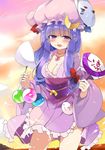  alternate_costume bad_id bad_pixiv_id blush bow breasts cleavage crescent fan hair_bow hat japanese_clothes kimono long_hair looking_at_viewer mask medium_breasts paper_fan patchouli_knowledge purple_eyes purple_hair smile solo touhou uchiwa yostxxx 