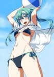  arms_up ball beachball bikini breasts covered_nipples day green_eyes green_hair hatsune_miku highres hood hoodie jacket jacket_over_swimsuit long_hair looking_at_viewer medium_breasts navel open_mouth side-tie_bikini sky solo swimsuit twintails underboob unpokotan vocaloid 