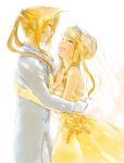  1girl bad_id bad_pixiv_id blonde_hair couple dress edward_elric fullmetal_alchemist gloves grin hand_on_head happy height_difference highres jewelry long_hair ring shiro_coffee_(saiga) smile spoilers wedding wedding_band white_gloves winry_rockbell yellow_dress 