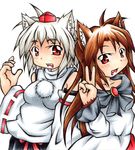  animal_ears bare_shoulders blush breasts brown_hair detached_sleeves fang happy hat highres imaizumi_kagerou inte_(whitewolftail) inubashiri_momiji long_hair looking_at_viewer medium_breasts multiple_girls open_mouth red_eyes short_hair silver_hair tokin_hat touhou v wolf_ears 