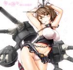  absurdres antennae armpits asahi_(ge_nyu) blush brown_hair cannon chain gloves green_eyes hair_ornament highres kantai_collection miniskirt mutsu_(kantai_collection) navel panties short_hair skirt sleeveless solo tongue translation_request turret underwear weapon white_panties 