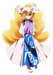  bad_id bad_pixiv_id blonde_hair dress fox_tail hands_in_opposite_sleeves hat light_smile looking_at_viewer nakukoroni no_shoes ofuda one_eye_closed pillow_hat short_hair simple_background solo tabard tail tassel touhou white_background yakumo_ran yellow_eyes 