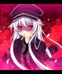  afilia_(kiyomin) black_neckwear hat highres kiyomin letterboxed long_hair looking_at_viewer mouth_hold necktie original red_eyes solo white_hair 