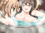  bathing black_hair breast_envy breasts brown_hair closed_eyes container drum_(container) drum_bath fang green_eyes highres kantai_collection large_breasts long_hair michishio_(kantai_collection) multicolored_hair multiple_girls naganami_(kantai_collection) nude pink_hair ryuki_(ryukisukune) smile twintails water 
